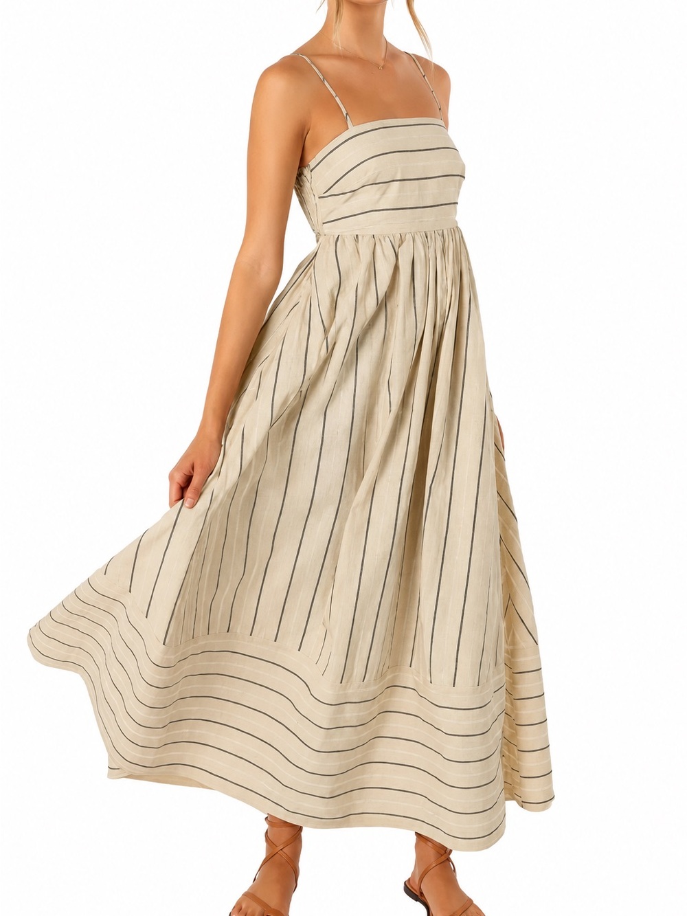 CHOUYATOU Tan & Brown Stripe Cotton Cutout Smocked Maxi Dress S